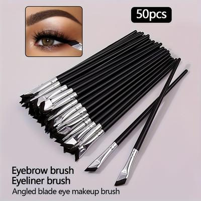 TEMU 50pcs Angled Eyebrow & Eyeliner Brushes Set, Blade, Multifunctional Portable Makeup Tools, Nylon Bristles, Abs Plastic Handle, Suitable For Normal Skin, Palm Brush Image