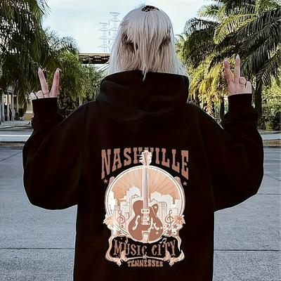 TEMU Nashville Graphic Hoodie - Casual Women's Polyester Hooded Sweatshirt With Pockets, Geometric Alphabet Pattern, 100% Polyester Knit Fabric - Ideal For Spring/summer/fall Image