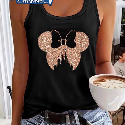 TEMU Licensed Mouse Rose Golden Glitter Outline Women's Sleeveless Racerback Vest - Vibrant Casual Elegant Top, Medium Washable, Casual Everyday Top | Elegant Casual Wear | Machine Washable Top Image