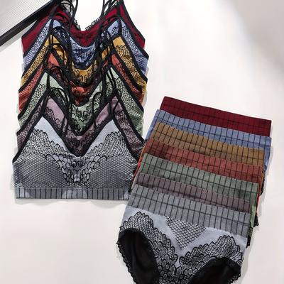 TEMU 7 Sets Sporty Lingerie Set, Color Block Ribbed Cami Bra & Panties, Women's Lingerie & Underwear Image