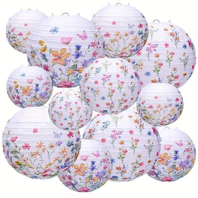 TEMU 12pcs Wild Flower Paper Lantern Set, Floral Party Decoration Round Lampshade Made Of Flowers And Paper, Wild Flower Light Kit, Suitable For Spring Shower, Bridal Gift Ceremony, Wedding, Supplies Image
