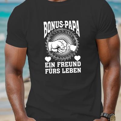 "TEMU Bonus Papa" Men's Casual Crew Neck T-shirt - 100% Polyester, Geometric Pattern, Knit Fabric, Summer Tee With "bonus Papa" Design" Image