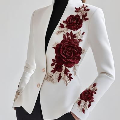 TEMU Women's Casual Rose Floral Embroidered Blazer Jacket - Burgundy Roses On White, Relaxed Fit, Machine Washable, Spring/fall Versatile Outerwear, Autumn Jacket | Elegant Jacket Image