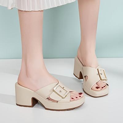 TEMU Women's Casual Thick Sole Metal Design Wide Upper Solid Color High Heel Sandals, Open Toe Slip-on, , Tpr Sole, Synthetic Insole And Upper, Fashion Footwear | Elegant Footwear | Metallic Sandal Image