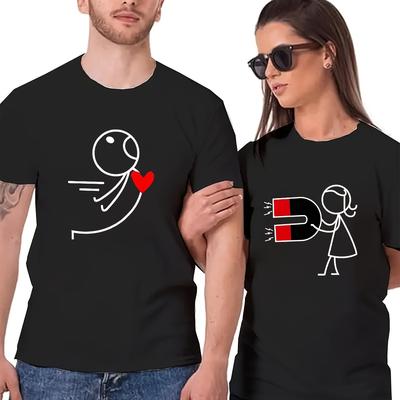 TEMU Love Heart Graphic T-shirts - 100% Cotton, Breathable & Comfortable, Casual Round Neck Short Sleeve Tees For Couples - Ideal Valentine's Day Or Anniversary Gift, Valentine's Day T-shirts Image