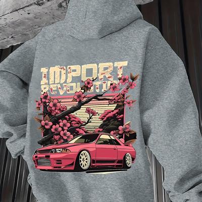 "TEMU Men's Casual Hoodie With Cherry & Racing Car Graphic Print, "" Text, Pink/black/grey Colorblock, Regular Fit Winter Pullover, Machine Washable" Image