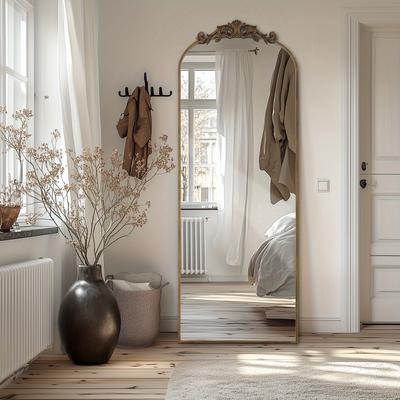 TEMU Arched Floor Mirror, Full Length Freestanding With Vintage Ornate Carved Applique Wall Mountable Full Body Mirror For Living Room Bedroom Hallway Entrance Dressing Room
