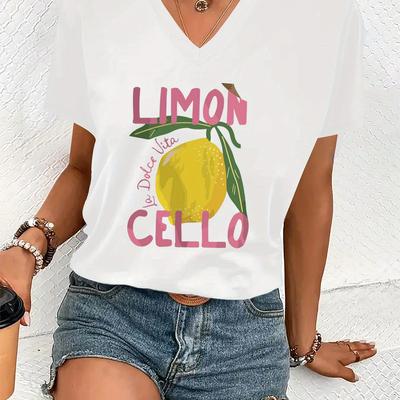 "TEMU Women's Lemon & Letter Print V-neck T-shirt - Casual Short Sleeve Top With "" Design, Machine Washable, For Casual Attire, Everyday Top | Graphic Tee | Comfortable Wear" Image