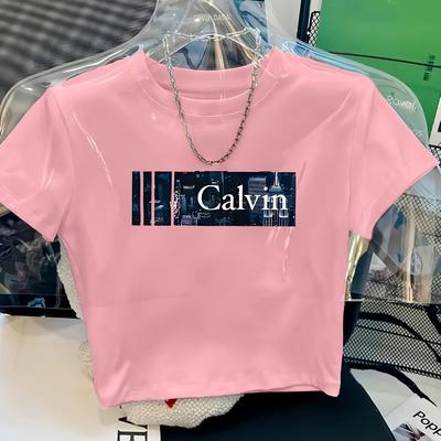 TEMU Women's Y2k Style Cropped T-shirt - Army Green With Creative Monogram Design, Soft Comfortable Fabric, Machine Washable, Versatile Casual & Formal Wear, Fashion | Monogram Trend | Soft Fabric Image
