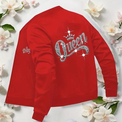 "TEMU Women's Red "queen" Glittery Lettering Jacket - Casual Stand Collar Zip-up With Pockets, Sparkly Star & Floral , Fall/, Casual Wear Jacket | Jacket | Material" Image