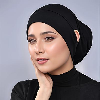 TEMU 1pc Elastic Polyester Turban Hat With Ear Piercing Tube, Multi-functional Ramadan Scarf Cap, Yarn-dyed, Machine Washable, No Feathers, For Headphones & Masks Image