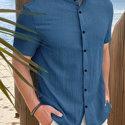 TEMU Men's Casual Short-sleeve Button-up Shirt - Soft Polyester, , Stand Collar, Machine Washable, Summer Essential For Casual Attire, Short Sleeve Tops Image