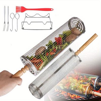TEMU 2pcs Cylindrical Rolling Grilling Baskets 304 Stainless Steel For Outdoor Garden Party Image
