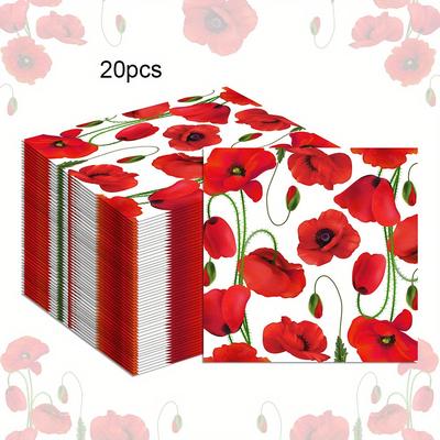 TEMU 20pcs Vibrant Red Poppy Flowers Paper Napkins - Ideal For Celebrations, Weddings, Valentine's Day, Gatherings Image