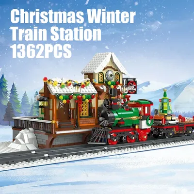 1362PCS Winter Bahnhof Bausteine Mit Licht Eisenbahn Ziegel Modell Spielzeug Ornament Weihnachten Image