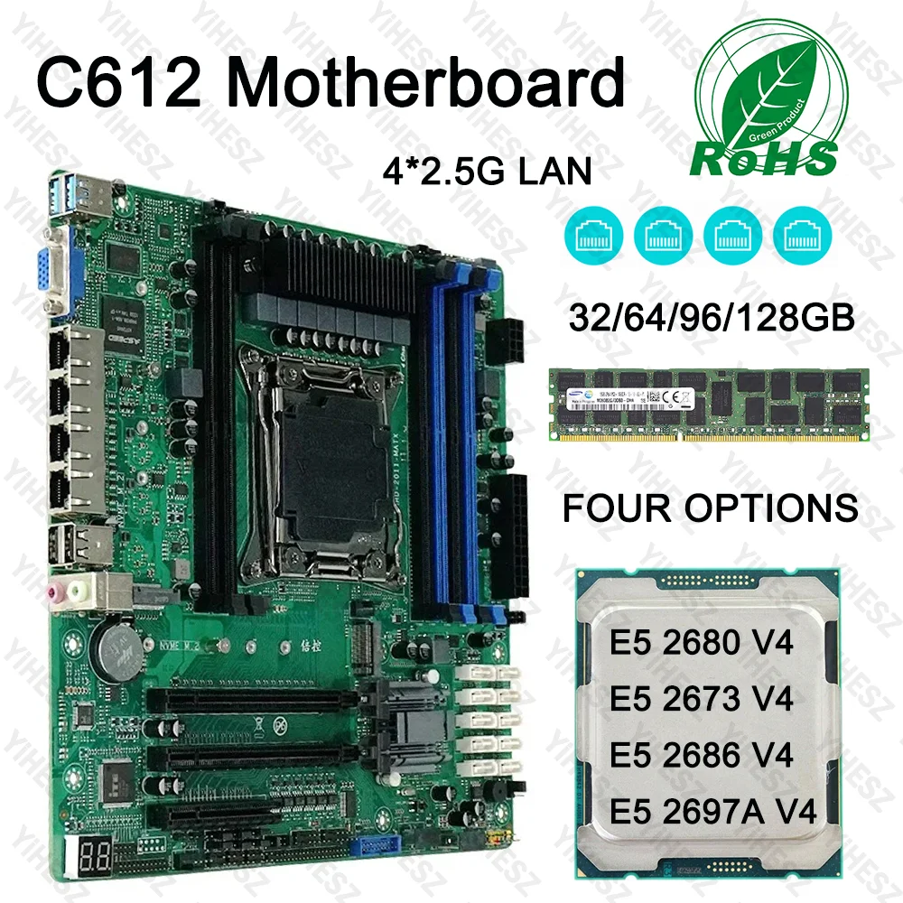 C612 Nas Motherboard DIY Kit E5 2680/2673/2686/2697A V4 CPU 32/64/96/128GB DDR4 Virtuelle Maschine Router 4x2,5GE 10xSATA Raid Image