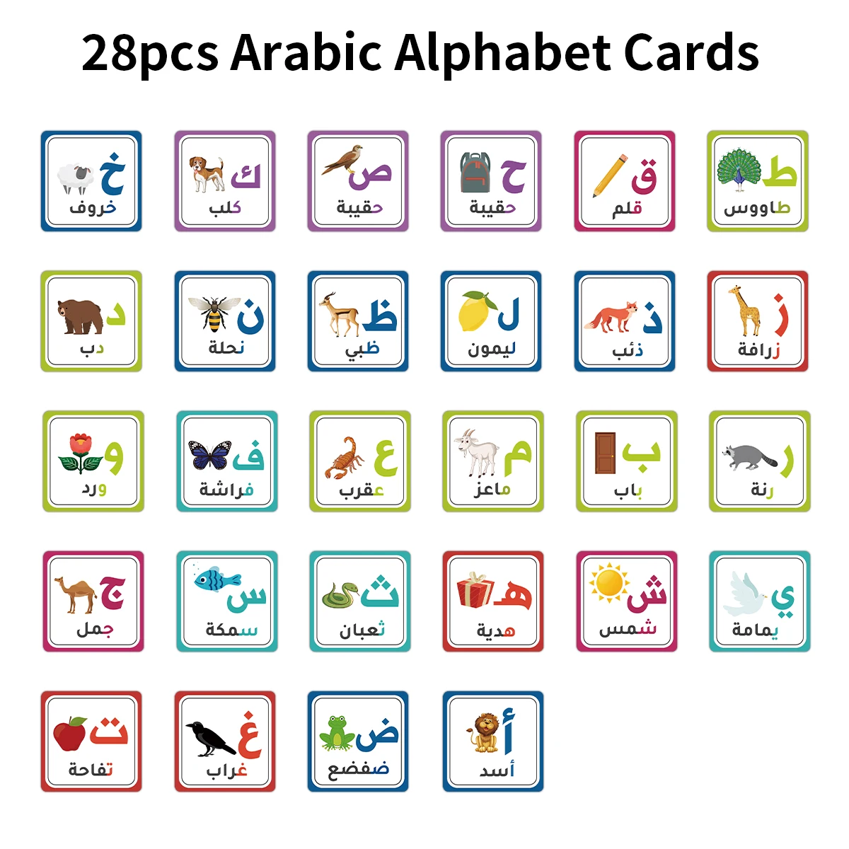 28 Stück arabische Alphabet-Lernbuchstabenkarten mit Tiermustern, Flash-Speicherkarten für die Bildung im Klassenzimmer im Vorschulalter Image