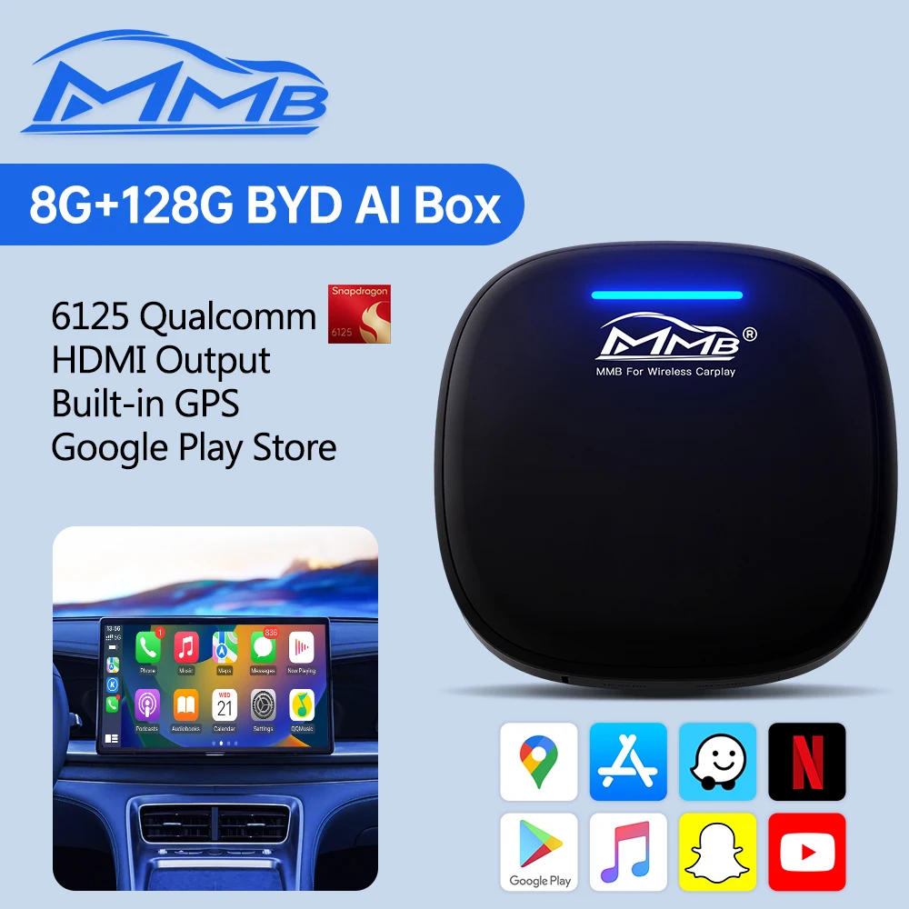 2025 Neue MMB Wireless CarPlay AI Box Android Auto Android13 QCM6125 8-Kerne Bluetooth 5,2 Auto Verbindung GPS Navigator für BYD Image