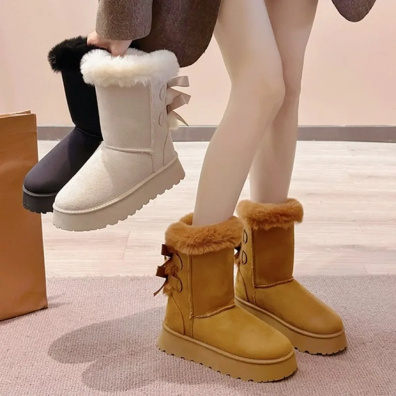 2024 Winter Neue Dicken sohlen Mid-rohr Schnee Stiefel Bogen Pelzigen Mund Plus Flauschigen Dicken Baumwolle Stiefel Casual alles Image