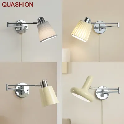 Nordic Study Rocker Arm Wall Light Cream Wind Creative Retractable Wall Light Foldable Bedroom Headboard Wall Reading Light