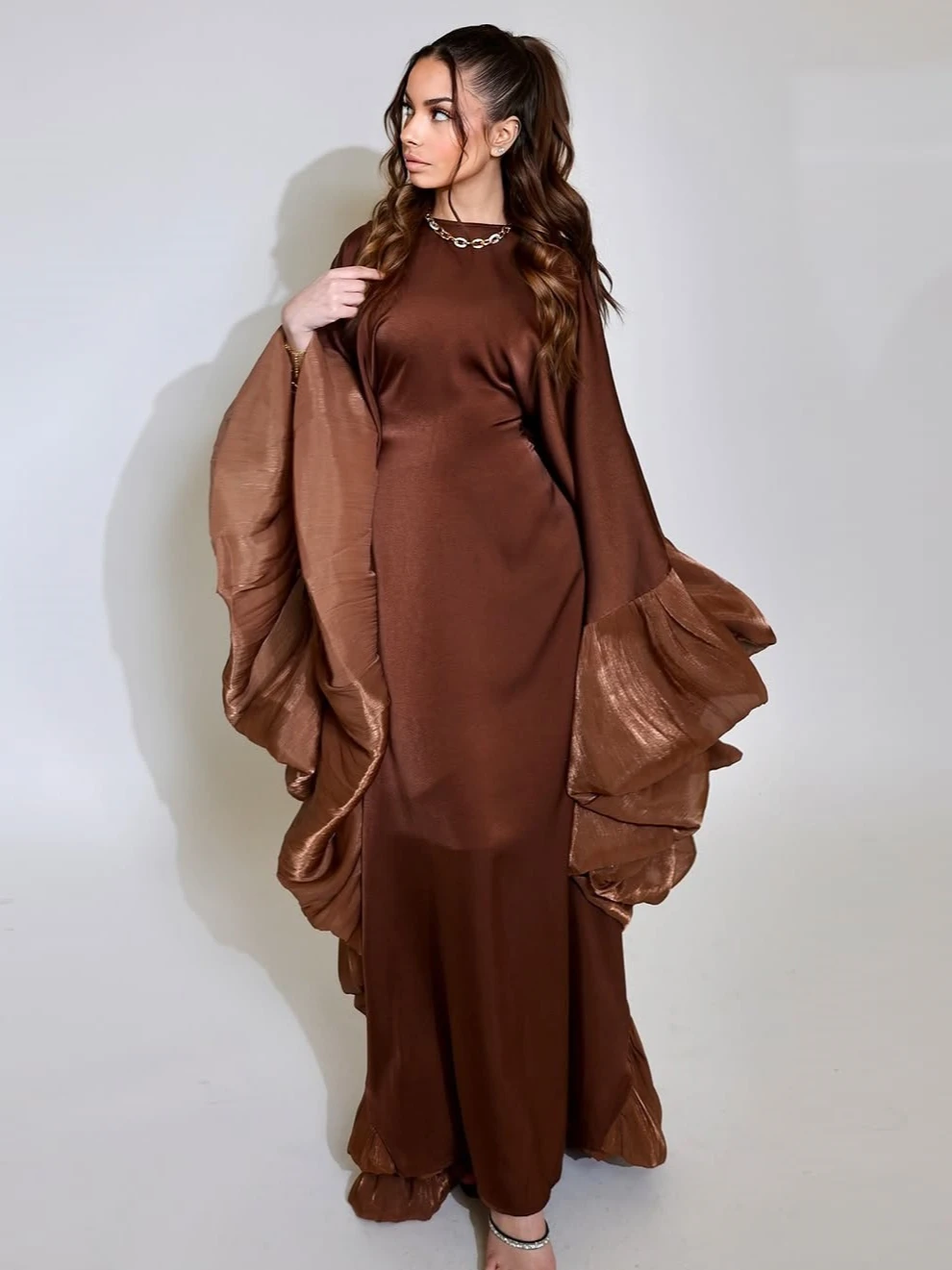 Eid Muslim Abaya Frauen Kleid Satin Fledermaus Ärmel Vestidos Largos Party Kleider Arabischen Lange Robe Marokko Dubai Kaftan Seidige Jalabiya Image