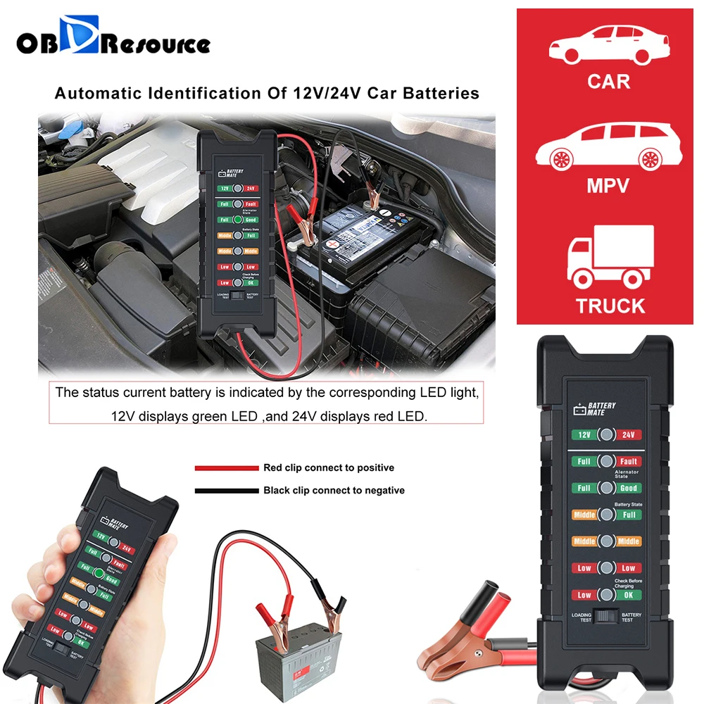 Autobatterie tester 12V 24V mit 7 LED-Leuchten Anzeige BM410 Schutz Licht maschine Spannungs detektor für PKW LKW Motorrad prüfen Image