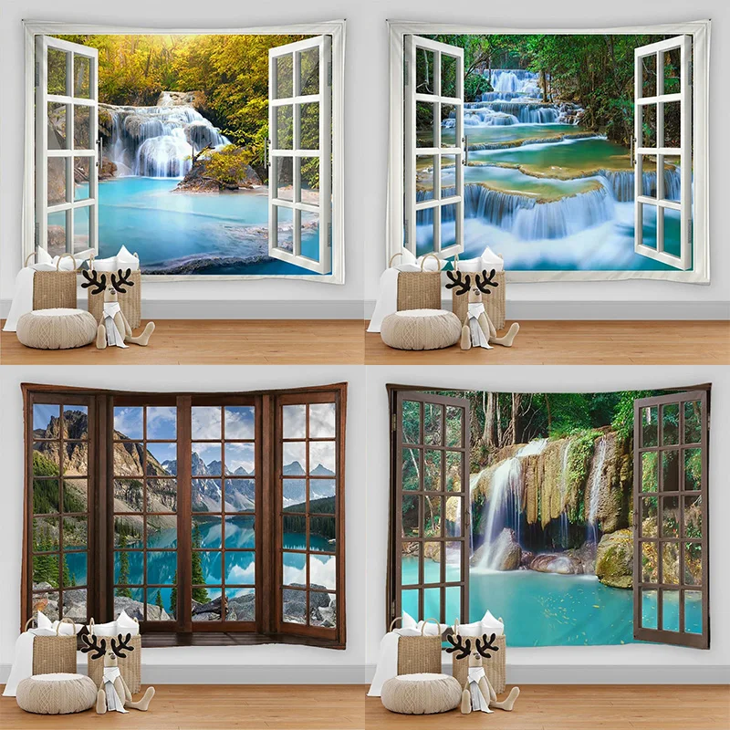 Böhmischer Stil, 3D-Fensteransicht, dekorativer Wandteppich, Hippie-Wanddekoration, Wandteppich, Schlafzimmer, Schlafsaal Image