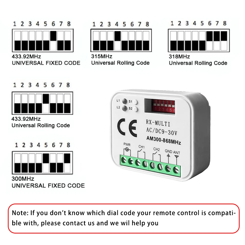 Ricevitore interruttore remoto 433 MHz 868 MHz 390 MHz Ricevitore multifrequenza RX AC/DC 9-30 V 300-868 MHZ Porta garage, controllo pompa acqua