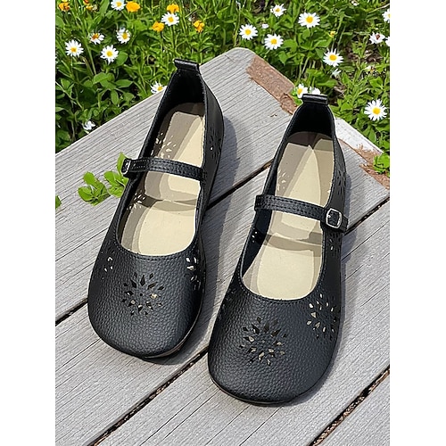 Comode scarpe basse Mary Jane da donna con punta larga e ritagli floreali – scarpe casual a piedi nudi con suola morbida per donna – ideali per brunch, mercati agricoli e tempo libero all'aria aperta
