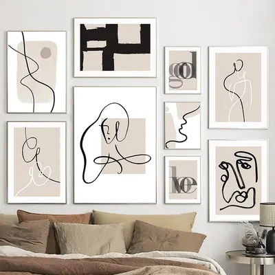 Beige Black Abstract Lines Figures Drawing minimalist Wall Art Canvas Painting Posters And Prints