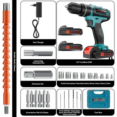 21V Cordless Drill with 2-Battery and Charger, Electric drill Set,Power Drill Cordless with 3/8 Inch