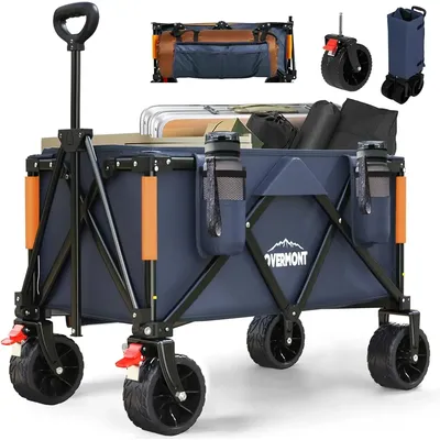 Collapsible Wagon Cart with Wheels - All-Terrain 3.2in Wide Wheels - Foldable 150L Large Capacity