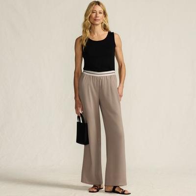 Wide Leg Waist Stripe Woven Trousers, Women, size: 14-16, regular, Ivory, Polyester, by Lands' End