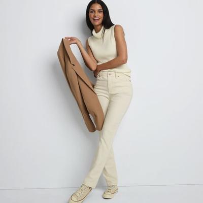 Straight Leg Jeans, Mid Rise, Women, size: 12 32, regular, Ivory, Spandex/Cotton-blend/Poly-blend, by Lands' End