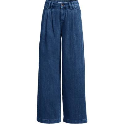 Lightweight Wide Leg Pleated Jeans, Women, size: 8, regular, Blue, Cotton, by Lands' End