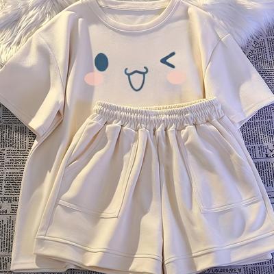 TEMU 2pcs Girls' Casual Summer Outfit - Short Sleeve T-shirt With Cute Cartoon Design & Shorts, Light Beige Polyester, Spring/summer/fall, Spring Summer Outfit| Design|polyester Fabric, For Outdoor Image