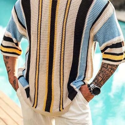 TEMU Men's Casual Striped Knit Sweater - Acrylic Crew Neck Pullover With Half Sleeves, Color For Spring, Summer & Fall, Casual Attire, Hiking & Outdoor Activitie Image