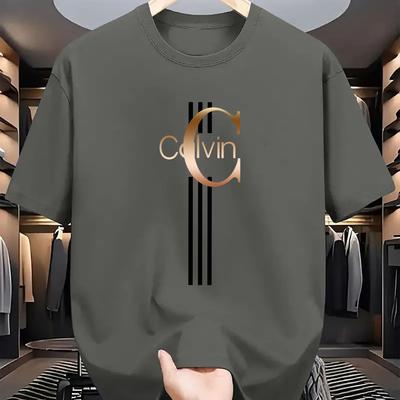 TEMU Men's Casual Print T-shirt - Black With Golden , Comfortable Polyester Crew Neck Tee For Everyday Streetwear, Summer Essential Image