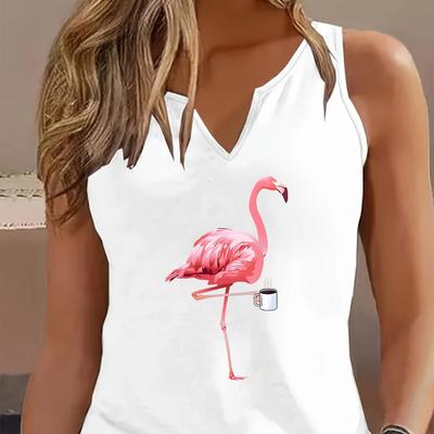 TEMU Women's Sleeveless V-neck Top With Pink Flamingo Graphic - Casual Spring/summer Top For Adults, Soft Polyester Fabric, Machine Washable, Casual Outing Attire | Graphic Print Top | Flamingo Desig Image