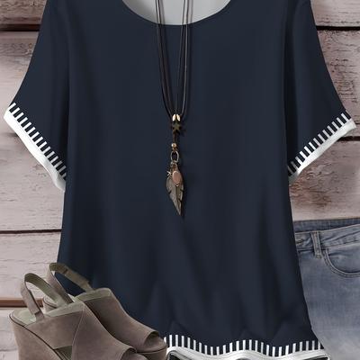 TEMU Women's Plus Size Royal Blue Casual Short Sleeve T-shirt - All- Round Neck Top, Breathable & Comfortable, Hand Wash Only, Versatile Wear, Relaxed , Decorative Print Shirt, Durable Casualwear Image