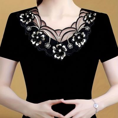 TEMU Elegant Black & Golden Floral Lace Beaded Embroidery Blouse - Sheer Short Sleeve, Fitted Summer Top For Women, Polyester, Machine Washable, Intricate 3d Image