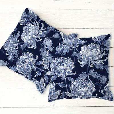 TEMU 2pcs Pillow Cover, Chinese Style Blue Floral , Living Room Sofa Cushion Cover, Soft And Comfortable, Decoration, Polyester Material, No Pillow , Zipper Opening And Closing Image