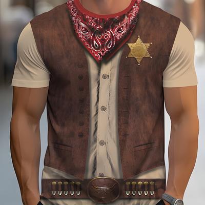 TEMU Cowboy 3d T-shirt - Western Style Full-body Graphic Tee With Sheriff Badge & Bandana Design, Casual Round Neck Regular Fit For Themed Parties & Casual Attire, Rustic Texture Shirt Image