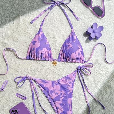 TEMU Sleeveless Floral Print Halter Neck Bikini Set With Metal Flower Pendants And Lace-up Details - Stretchy Fabric, Beach And Poolside, Poolside Attire|floral Print Bikini|high Elasticity Image