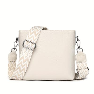 TEMU Stylish Women's Genuine Genuine Leather Crossbody Bag With Adjustable Geometric Strap, Zip Closure, Polyester Lining - In Brown, Blue, Black, White Image