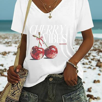 "TEMU Plus Size Women's Casual V-neck Short Sleeve T-shirt - Relaxed Fit Semi-sheer Top With Cherry Print & " Season" Graphic, Breathable White Shirt For Spring Summer Autumn, Ladies T Shirts" Image