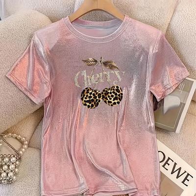 TEMU Women's Fashionable Cherry & Leopard Print T-shirt - Comfortable, Breathable Polyester, Short Sleeve Casual Top With Vibrant Colors And Stylish Lettering Image