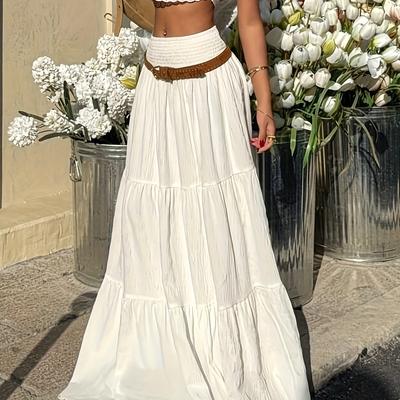 TEMU Elegant White Hem Maxi Skirt For Women - High-waisted, A-, Non-sheer, Machine Washable, No Belt, , Cute Skirts, Wear, Silhouette Image
