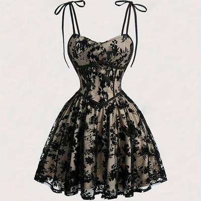 TEMU Lady Flocked Mesh Thin Strap A-line Skirt Dress Image