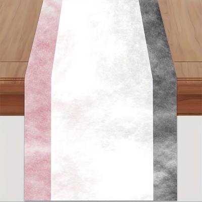 TEMU 1pc Elegant Gradient Marble Texture Linen Table Runner - White, Pink, Gray & Black Rectangular Design For Weddings, Engagements, Gifts, Image